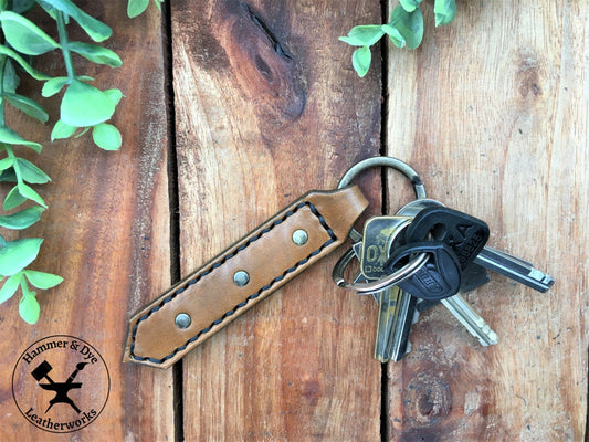 Handmade Antique Brown Leather Studded Keychain with Black Stitching and a  Bunch of Keys