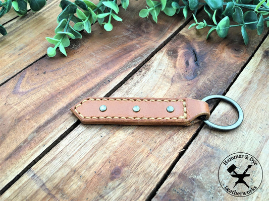 Handmade Tan Color Leather Studded Keychain with Hazel Stitching