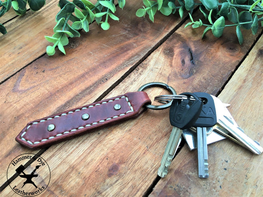 Handmade Mahogany Leather Studded Keychain with Beige Stitching  and a Bunch of Keys
