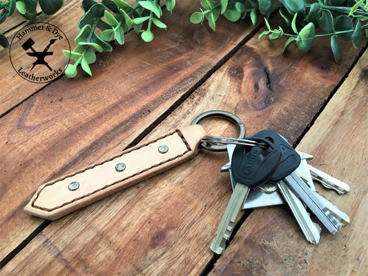 Handmade Natural Undyed Leather Studded Keychain with Brown  Stitching and a bunch of keys