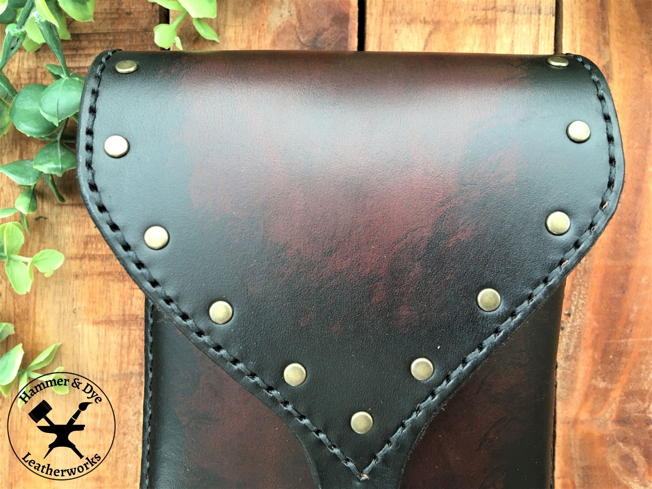 Large Handmade Black Leather Belt Pouch with Buckle closing and Studs  Close Up View