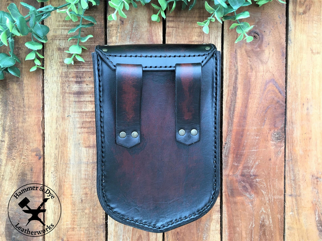 Back View of a Large Handmade Black Leather Belt Pouch with Buckle closing and Studs 