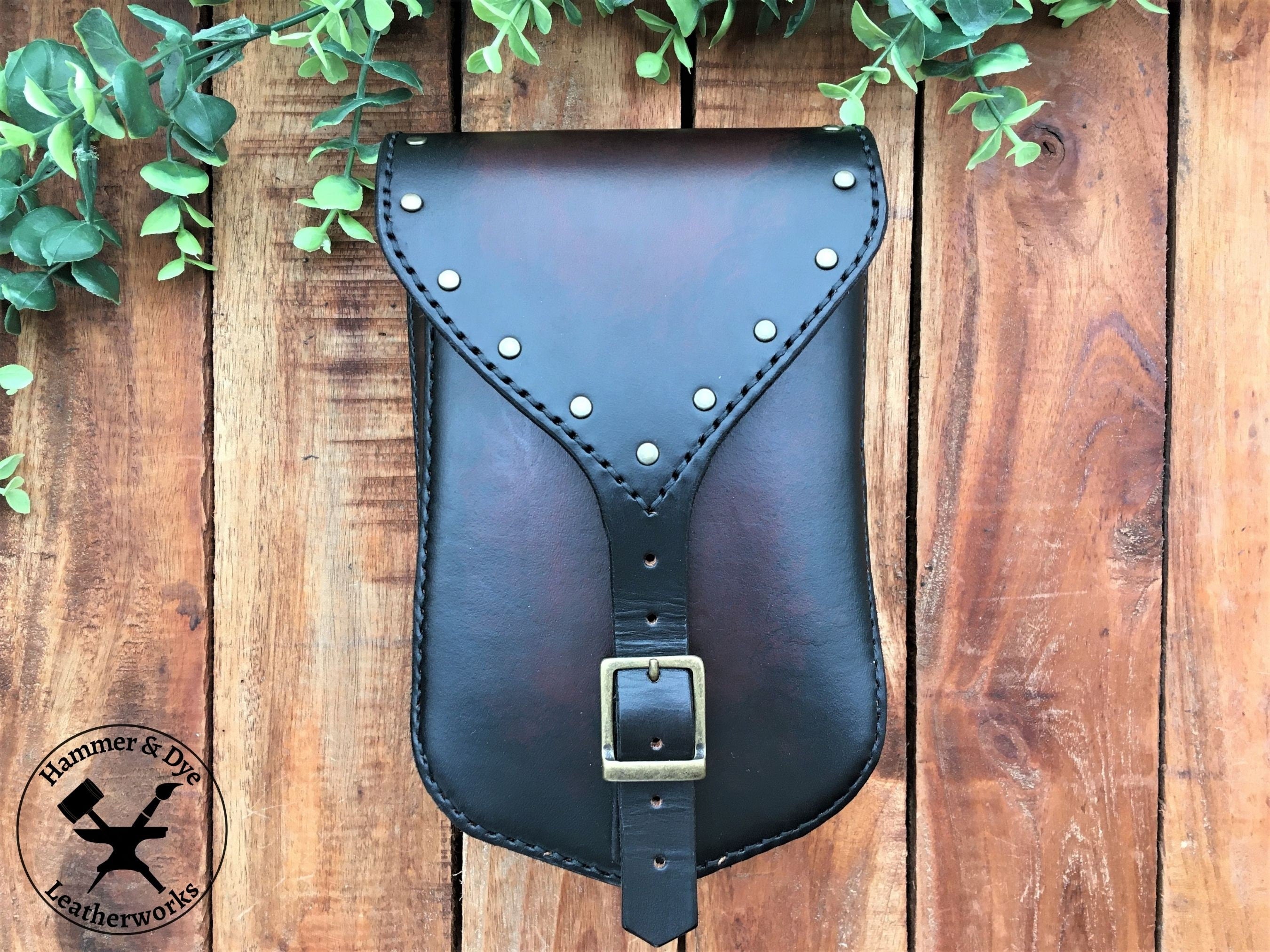 Large Handmade Black Leather Belt Pouch with Buckle closing and Studs Front View