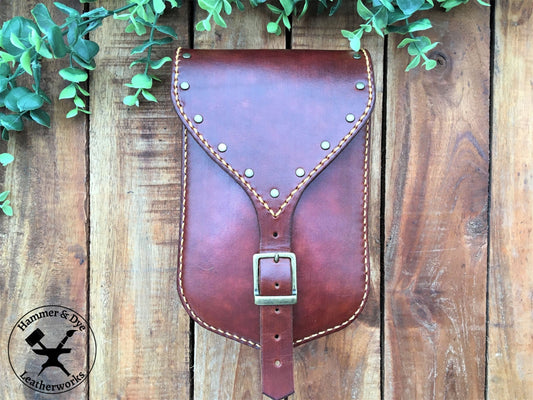 Large Handmade Mahogany Color Leather Belt Pouch with Buckle closing and Studs  Front View