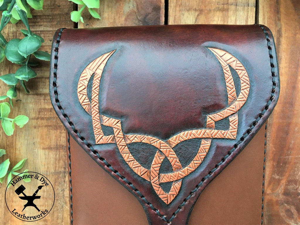 Large Handmade Brown Leather Belt Pouch with Buckle Closing and Viking Style Knotwork Carving Close Up