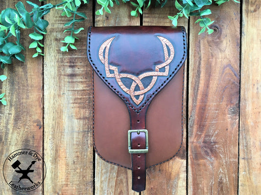 Large Handmade Brown Leather Belt Pouch with Buckle Closing and Viking Style Knotwork Carving Front