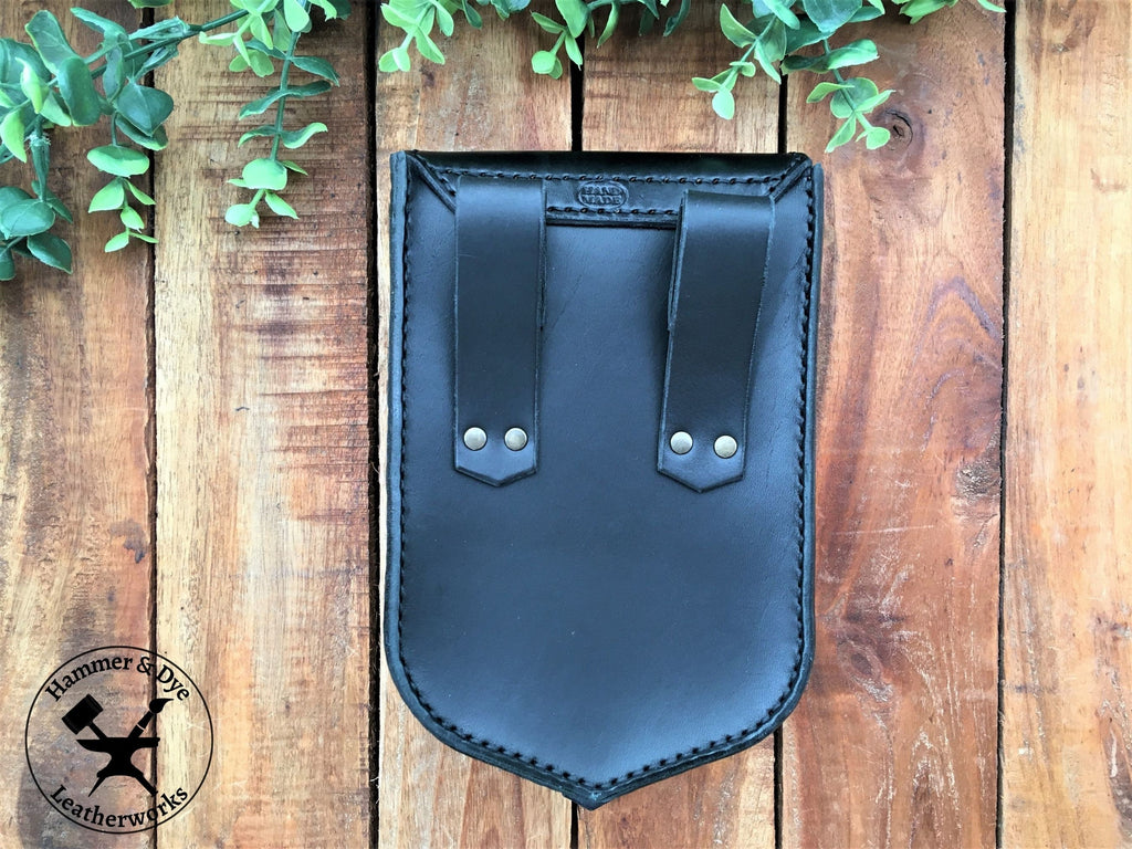 Large Handmade Black Leather Belt Pouch with Buckle Closing and Viking Style Knotwork Carving Back View