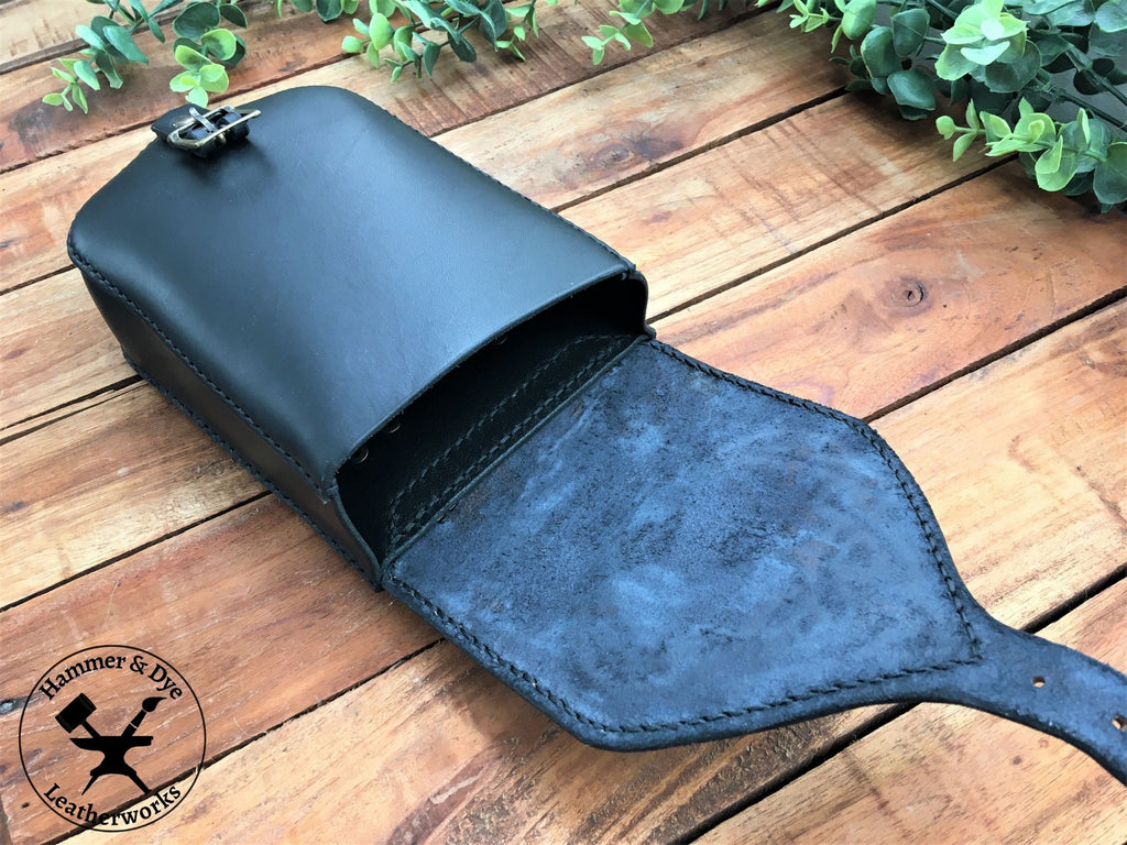 Large Handmade Black Leather Belt Pouch with Buckle Closing and Viking Style Knotwork Carving Inside View