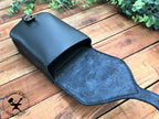 Large Handmade Black Leather Belt Pouch with Buckle Closing and Viking Style Knotwork Carving Inside View