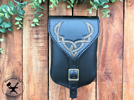 Large Handmade Black Leather Belt Pouch with Buckle Closing and Viking Style Knotwork Carving Front View