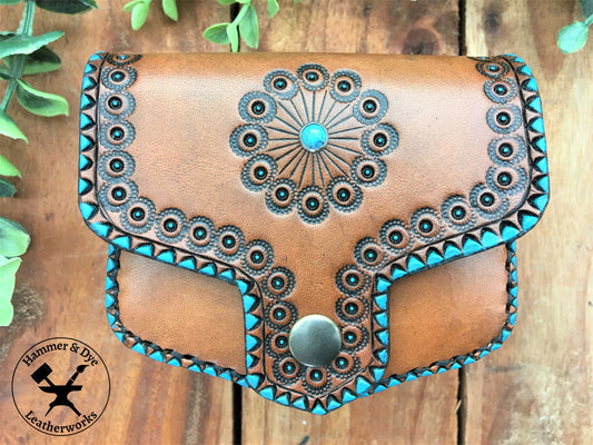 Bohemian Style Mini Leather Hip Bag with Turquoise details front view